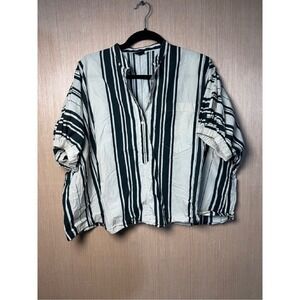 Aspesi Women's‎ L Striped Button Up Top Green White Short Sleeve Blouse